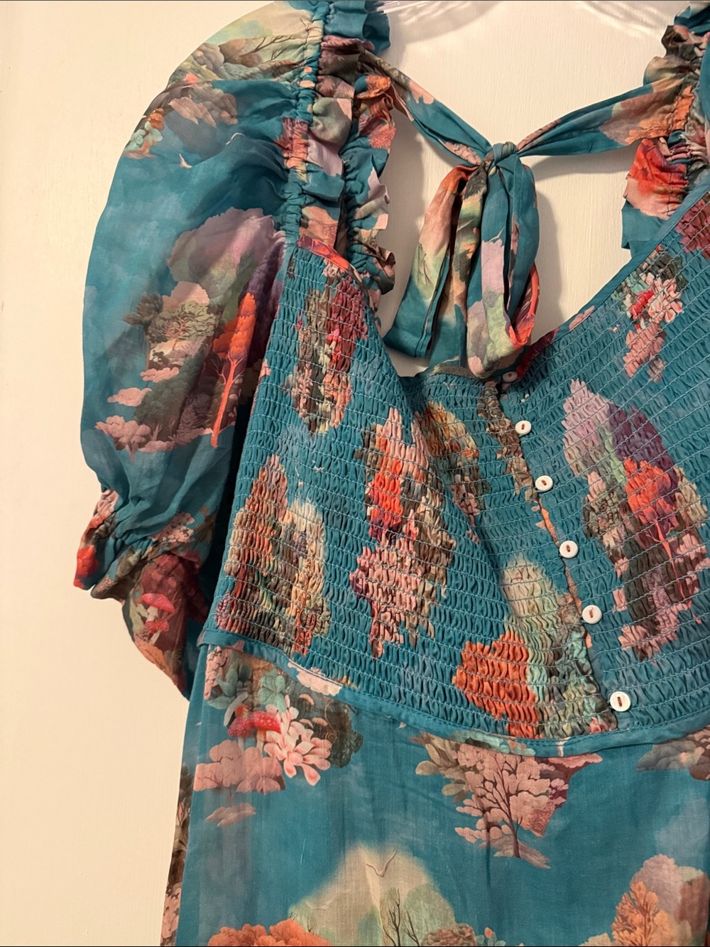 Anthro Anthropologie Teal Floral Smocked Maxi Dress Puff Sleeve Buttons 3X Plus - Picture 3 of 14
